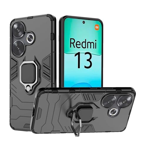 PEIYE Hülle für Xiaomi Redmi 13 4G / Poco M6 4G, Handyhülle Schutzhülle mit Silikon Bumper & Stoßfeste Hard PC Rückseite, 360° Ringständer Armor, Autohalterung Kompatibel Cover Case, Schwarz von PEIYE