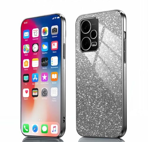 PEIYE Hülle für Xiaomi Redmi Note 12 Pro Plus 5G (Pro+)- Stoßfeste Silikon Handyhülle, Schutzhülle mit Elektroplattierten Rändern & Integrierter Glitzerkarte mit Glitzer, Cover Case, Verlauf Schwarz von PEIYE