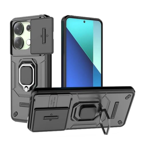 PEIYE Hülle für Xiaomi Redmi Note 13 4G, Stoßfeste Armor Handyhülle mit Silikon & Hard PC, Schutzhülle Cover Case Bumper, 360° Ringständer & Objektiv-Schutzschieber (Schwarz) von PEIYE