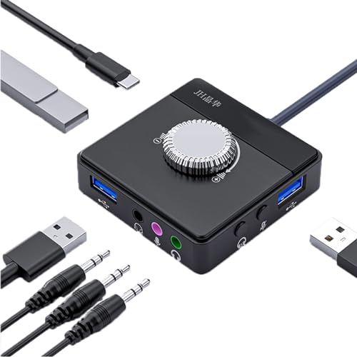 PEIYUI Max Externe Soundkarte, USB-Audio-Adapter für PC Windows, Mac, Linux, Laptops, Desktops, Stereo-Soundkarte mit 3,5-mm-Schnittstelle & USB-Schnittstelle, Lautstärkeregler, Plug & Play (6-in-1, von PEIYUI