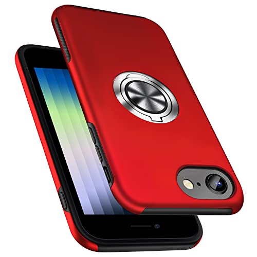 PELEPUES Stoßfeste Schutzhülle für iPhone SE 3/SE 2020/7/8, [eingebetteter Fingerring] Militärqualität, Kickstand [unterstützt magnetische Auto-Halterung] für iPhone SE 3, rot von PELEPUES