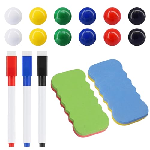 PENCHUAN 3 Stück Whiteboard Marker,Trocken Abwischbar Stift 12 Stück Kühlschrankmagnete Bunt,Magnete für Whiteboard mit 2 Stück Whiteboard Radierer,für Kühlschrank Magnettafel Zuhause Büro von PENCHUAN