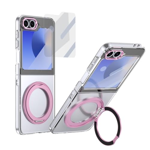 Flip-Case-Abdeckung Kompatibel mit Samsung Galaxy Z Flip 5 Hülle mit Displayschutzfolie, 360° drehbarem Ringständer, stoßfester, durchscheinender Schutzhülle in Militärqualität, kristallklar Handyhüll von PENGLIPING