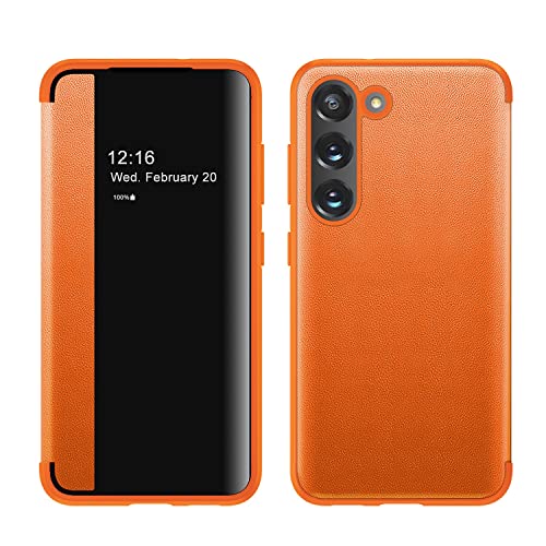 Flip Case Cover kompatibel mit Samsung Galaxy S23 Hülle Klares Sichtfenster, Magnetisch Slim Flip Case Fallschutz Stoßfest Schutzhülle für Samsung Galaxy S23 Handyhülle Cover (Farbe: Ora von PENGPING
