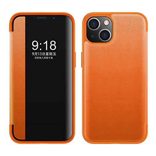 Klapphülle kompatibel mit iPhone 13 Hülle klares Sichtfenster, magnetische schlanke Klapphülle Fallschutz stoßfest Schutzhülle für iPhone 13 6,1 Zoll Handyhülle Cover (Farbe: Orange) von PENGPING