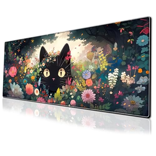 Gaming-Mauspad, Motiv: schwarze Katze, bunte Blume, große Schreibtischunterlage, 80 x 30 cm, verlängerte rutschfeste Gummiunterseite, Tastaturmatte mit genähten Kanten für Schreibtisch, Heimbüro Gaming-Mauspad, Motiv: schwarze Katze, bunte Blume, große Schreibtischunterlage, 80 x 30 cm, verlängerte rutschfeste Gummiunterseite, Tastaturmatte mit genähten Kanten für Schreibtisch, Heimbüro von PEPYJAN