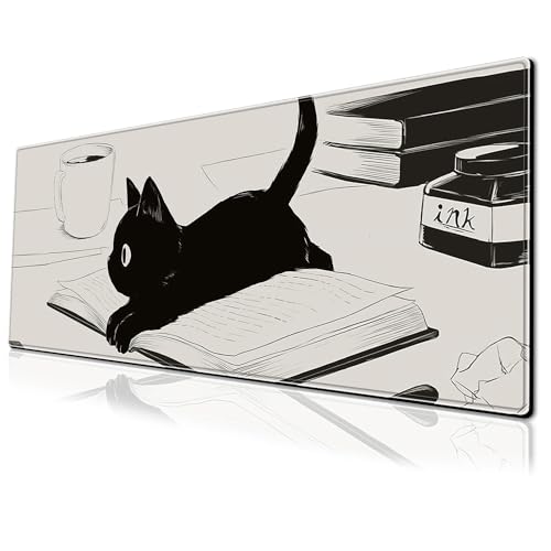 Gaming-Mauspad mit niedlichem Anime-Motiv, schwarze Katze, groß, Cartoon-Schreibtischmatte, 80 x 30 cm, rutschfeste Gummiunterseite, Tastaturmatte mit genähten Kanten für Schreibtisch, Heimbüro von PEPYJAN