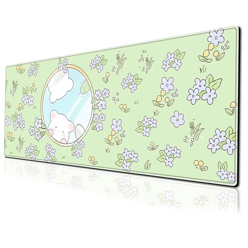 Gaming-Mauspad mit niedlichem Blumenmotiv, grüner Hintergrund, große Schreibtischunterlage, 80 x 30 cm, verlängerte rutschfeste Gummiunterseite, Tastaturmatte mit genähten Kanten für Schreibtisch, Gaming-Mauspad mit niedlichem Blumenmotiv, grüner Hintergrund, große Schreibtischunterlage, 80 x 30 cm, verlängerte rutschfeste Gummiunterseite, Tastaturmatte mit genähten Kanten für Schreibtisch, von PEPYJAN