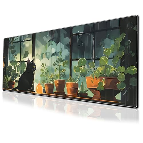 Gaming-Mauspad mit niedlicher schwarzer Katze, grüne Pflanzen, große Schreibtischunterlage, 80 x 30 cm, rutschfeste Gummiunterseite, Tastaturmatte mit genähten Kanten für Schreibtisch, Heimbüro Gaming-Mauspad mit niedlicher schwarzer Katze, grüne Pflanzen, große Schreibtischunterlage, 80 x 30 cm, rutschfeste Gummiunterseite, Tastaturmatte mit genähten Kanten für Schreibtisch, Heimbüro von PEPYJAN