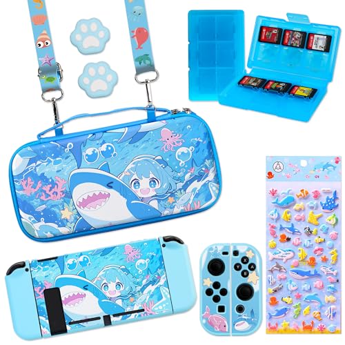PERFECTSIGHT Switch Carrying Case for Nintendo Switch 6.2 Inch Console with 10 in 1 Bundle Accessories, Game Card Case, Swtich Thumb Grip Caps, Switch Protective Case Cover (Shark) von PERFECTSIGHT