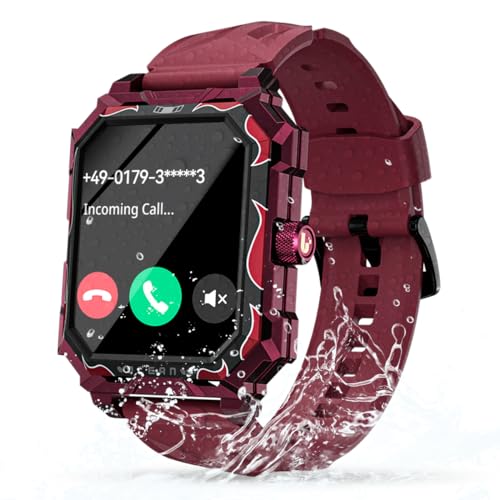 PERGEAR LOKMAT Ocean Max Militär Smartwatch Herren mit Telefonfunktion, 1,96 Zoll Touchscreen Uhren Herren 650mAh 5ATM Wasserdicht 100+ Sportmodi Outdoor Smartwatch für Android iOS, Rot von PERGEAR