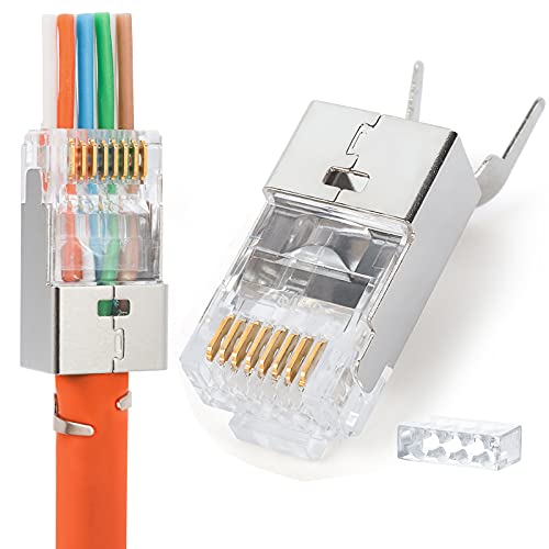 PETECHTOOL 10 Sets Netzwerkstecker RJ45 Stecker CAT7 CAT6A AWG23 S/FTP POE Ethernet LAN Pass Through Crimpstecker Netzwerk Modular Metall Geschirmt mit Einf?delhilfe und Knickschutz von PETECHTOOL