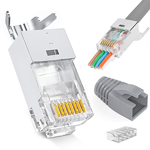 PETECHTOOL Cat7 Netzwerkstecker RJ45 Stecker Cat7 Cat6A Crimp Stecker für Cat7 Cat6A AWG23 Geschirmtes Netzwerkkabel mit Einfädelhilfe und Knickschutz 20 Sets von PETECHTOOL