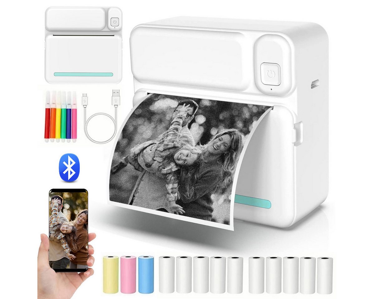 GOOLOO Thermodrucker Kompatibel für iOS Android Bluetooth Etikettendrucker Etikettendrucker, (Bluetooth-Verbindung, WLAN (Wi-Fi), Blauer Mini-Drucker, mit 5 Druckpapier 5 selbstklebendes Thermopapier,3 Farbdruckpapier) von GOOLOO