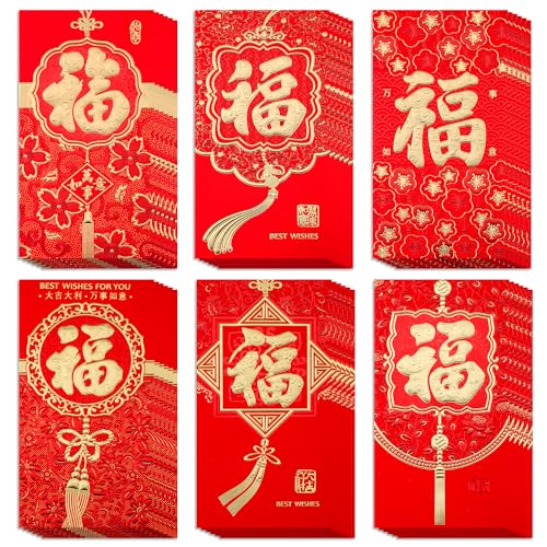 36 Stück Chinesische Rote Umschläge, 17x9cm Rote Fu Umschläge Glücksgeld Umschläge Hong Bao Lai See-Pakete für Chinesische Neujahr, Frühlingsfest, Hochzeit, Babyparty von PEUTIER