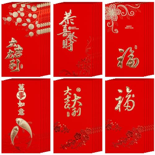 36 Stück Chinesische Rote Umschläge für das Chinesische Neujahr, 2024 Jahr des Drachen Rotes Paket Hong Bao Geschenk-Glücksgeld-Umschläge für Hochzeit Chinesisches Mondjahr Festival von PEUTIER