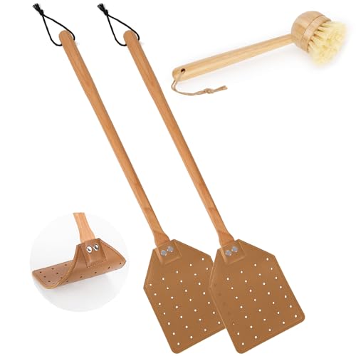 Fliegenklatsche Sets, 2 Stück Leder Fliegenklatsche + 1 Bürste Manuell Robust Fliegenklatsche mit Langem Holzgriff Hohl Wespenklatsche für Zuhause Drinnen und Draußen (Braun) von PEUTIER