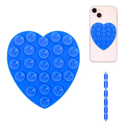 PEUTIER Doppelseitig Silikon Saugnapf Handy, Herzförmig Saugnapf Halterung Freihändig Telefonhalter Spiegel Süßer Mehrzweck Handyhalter Klebriger Griff für Mobilgeräte Spiegelglas (Blau) von PEUTIER
