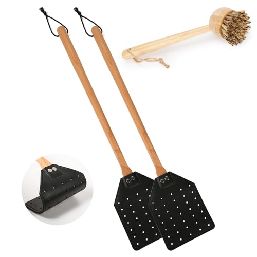 PEUTIER Fliegenklatsche Sets, 2 Stück Leder Fliegenklatsche + 1 Bürste Manuell Robust Fliegenklatsche mit Langem Holzgriff Hohl Wespenklatsche für Zuhause Drinnen und Draußen (Schwarz) von PEUTIER