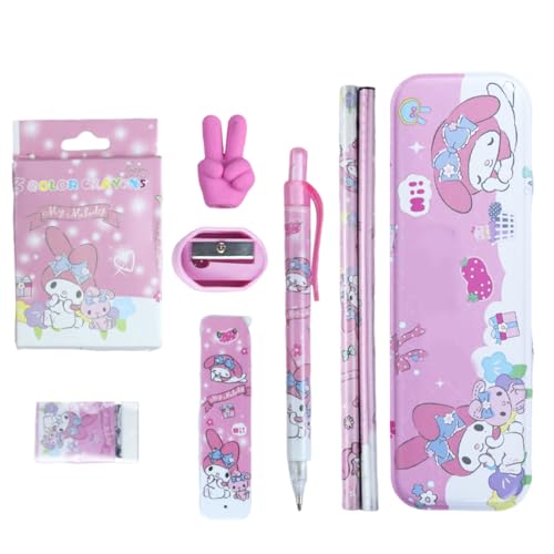 PEXIVOZ Anime Schreibwaren Set,My Melo Schreibwaren Geschenkset für Mädchen,Radiergummi,Anspitzer,Ersatzminen,Lineal, Bleistift,Kinder Mitgebsel,Geschenk Set für Mädchen und Junge von PEXIVOZ