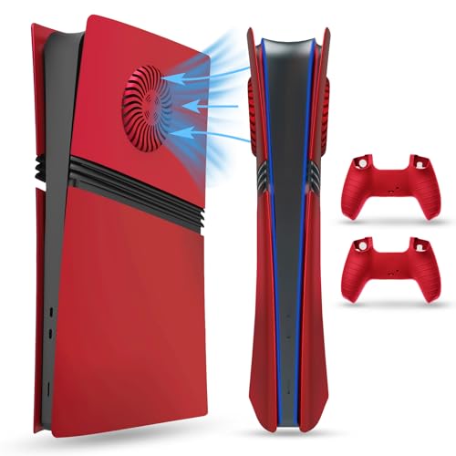 PEYANZ Frontplatte für PS5 Pro (Digital Edition), Abdeckplatte, ABS-Schale, matte Haut, mit extra 2 Controller-Silikonabdeckungen (rot+) von PEYANZ