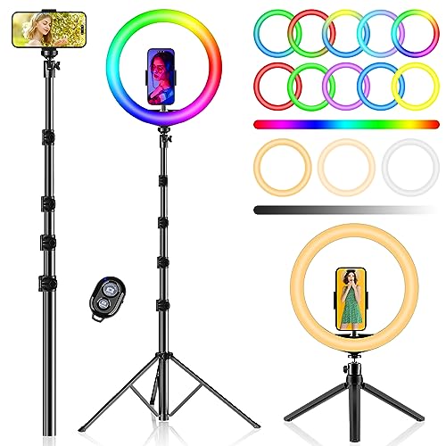 PEYOU 12"/186 cm Selfie Ringlicht mit Stativ Handy,【3-in-1】 Ring Light mit（Tischstativ） 48 RGB-Modi,Dimmbare Handy Stativ mit Ringlicht,stativ für Smartphone für Tiktok YouTube Makeup Fotografie von PEYOU