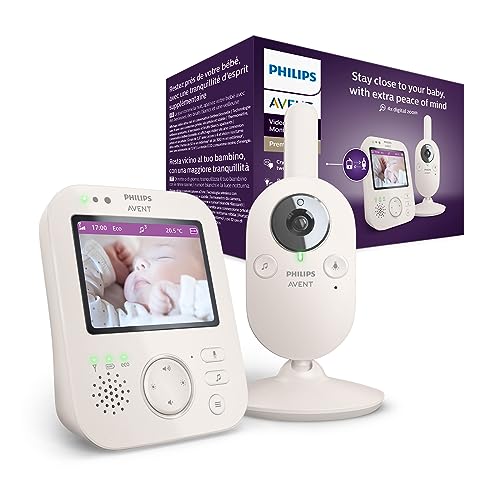 Kindermädchen Video Philips Avent Premium mit Bild und Ton, weiß, 3,5" Display, 4X Vergrößerung, Nachtsichtmodus, 2-Wege-Sound, Schlaflieder, Raumtemperatur (Modell SCD891/26) von Philips