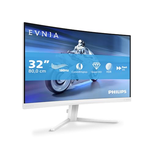 Philips Evnia 32M2C5501-32 Zoll Quad HD Curved Gaming Monitor, 180 Hz, 1 ms, FreeSync Premium, HDR10, Ambiglow (2560x1440, 2X HDMI 2.0, 1x DisplayPort 1.4) Weiss von Philips Monitors