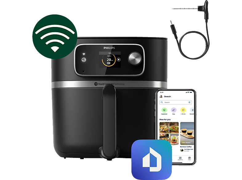 PHILIPS HD9880/90 Combi XXL mit Lebensmittelthermometer 7000 Series 8.3L Heißluftfritteuse 2200 Watt Schwarz von PHILIPS