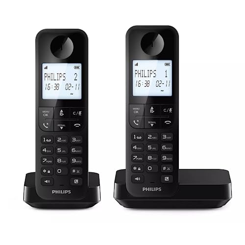 Philips Duo D2702B Schnurloses Festnetztelefon, 11,6 cm (4,6 Zoll), vertikales Mikrofon, Freisprecheinrichtung, bis zu 14 Stunden, optimierte Antenne, Zwei Telefone, Schwarz von Philips