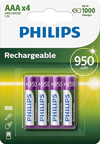 Philips R03B4A95/10 Rechargeable Batteries AAA 950 mAh 1.2 V Pack of 4 in Blister Packaging von PHILIPS