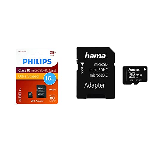 Philips Ultra Speed microSDHC Card 16GB + SD Adapter UHS-I U1 Reads up to 80MB/s A1 Fast App & Hama microSDHC 16GB Class 10 UHS-I 80MB/s Karte inkl. SD Adapter von PHILIPS