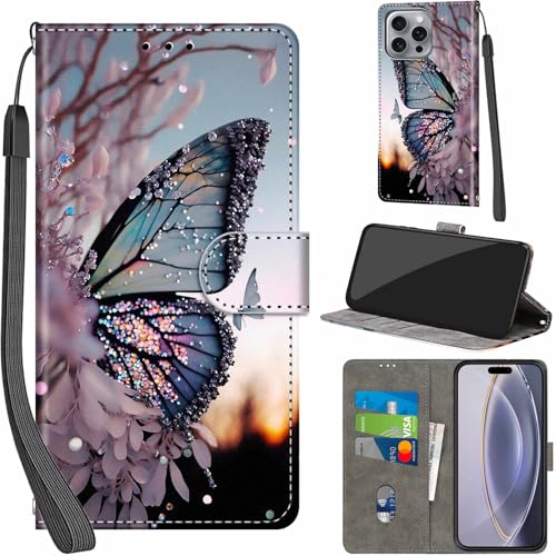 PHINIENLAND Handyhülle für iPhone 16 Pro Max Hüllen Premium Leder Case Klappbar Wallet Magnet Kartenfach Standfunktion Schutzhülle kompatibel mit iPhone 16 Pro Max Cover,Schmetterling von PHINIENLAND