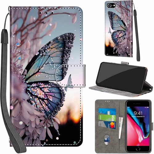 PHINIENLAND Handyhülle für iPhone 7/8 / iPhone SE 2020/2022 Hüllen Premium Leder Case Klappbar Wallet Magnet Kartenfach Standfunktion Schutzhülle kompatibel mit iPhone SE Cover,Schmetterling von PHINIENLAND