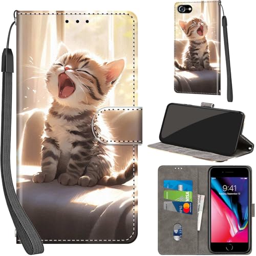 PHINIENLAND Handyhülle für iPhone 7/8 / iPhone SE 2020/2022 Hüllen Premium Leder Case Klappbar Wallet Magnet Kartenfach Standfunktion Schutzhülle kompatibel mit iPhone SE Cover,Katze von PHINIENLAND