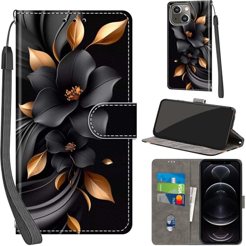 PHINIENLAND Handyhülle für iPhone 13 / iPhone 14 Hüllen Premium Leder Case Klappbar Wallet Magnet Kartenfach Standfunktion Schutzhülle kompatibel mit iPhone 13/14 Cover,Blumen von PHINIENLAND