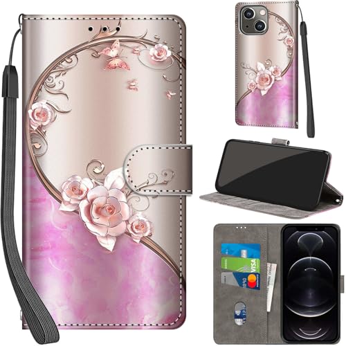 PHINIENLAND Handyhülle für iPhone 13 / iPhone 14 Hüllen Premium Leder Case Klappbar Wallet Magnet Kartenfach Standfunktion Schutzhülle kompatibel mit iPhone 13/14 Cover,Rose von PHINIENLAND