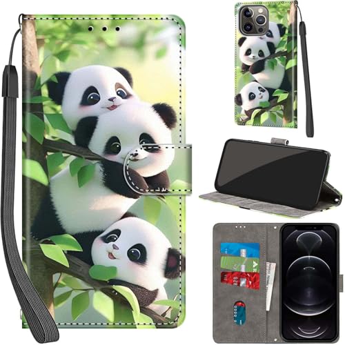 PHINIENLAND Handyhülle für iPhone 13 Pro Hülle Premium Lederhülle Klappbar Wallet Magnet Kartenfach Standfunktion Schutzhülle kompatibel mit iPhone 13 Pro Hülle,Panda von PHINIENLAND