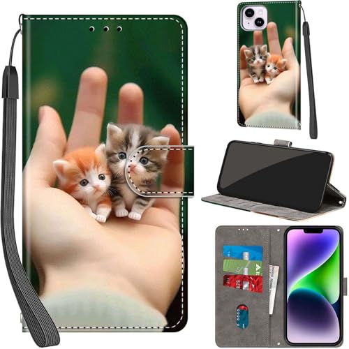 PHINIENLAND Handyhülle für iPhone 14 Plus Hülle Premium Lederhülle Klappbar Wallet Magnet Kartenfach Standfunktion Schutzhülle kompatibel mit iPhone 14 Plus Hülle,Kätzchen von PHINIENLAND