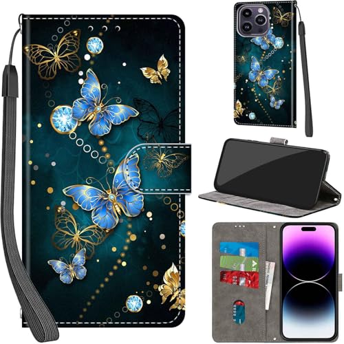 PHINIENLAND Handyhülle für iPhone 14 Pro Max Hülle Premium Lederhülle Klappbar Wallet Magnet Kartenfach Standfunktion Schutzhülle kompatibel mit iPhone 14 Pro Max Hülle,Schmetterling von PHINIENLAND