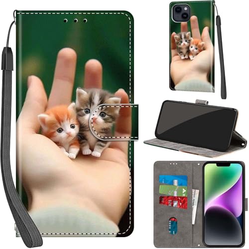 PHINIENLAND Handyhülle für iPhone 15 Plus Hülle Premium Lederhülle Klappbar Wallet Magnet Kartenfach Standfunktion Schutzhülle kompatibel mit iPhone 15 Plus Hülle,Kätzchen von PHINIENLAND