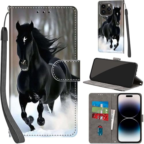 PHINIENLAND Handyhülle für iPhone 15 Pro Hülle Premium Lederhülle Klappbar Wallet Magnet Kartenfach Standfunktion Schutzhülle kompatibel mit iPhone 15 Pro Hülle,Pferd von PHINIENLAND