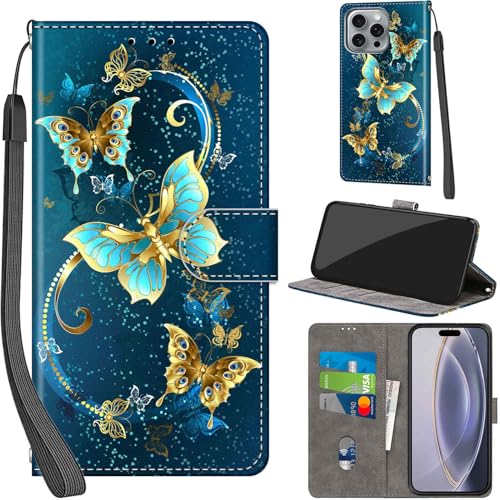 PHINIENLAND Handyhülle für iPhone 16 Pro Max Hüllen Premium Leder Case Klappbar Wallet Magnet Kartenfach Standfunktion Schutzhülle kompatibel mit iPhone 16 Pro Max Cover,Grüner Schmetterling von PHINIENLAND