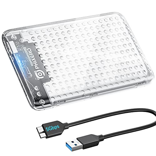 Festplattengehäuse 2,5 Zoll, PHIXERO USB 3.0 5Gbps Werkzeugloses Externe SSD Gehäuse für 2,5 Zoll SATA SSD und HDD in Höhe 9.5mm/7mm, UASP unterstützt, SATA Gehäuse mit USB 3.0 Kabel - Klar von PHIXERO