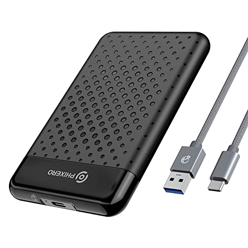 PHIXERO 2,5 Zoll Externes Festplattengehäuse, Werkzeugloses Gehäuse für 2.5-Zoll SATA SSD und HDD, mit USB-C 3.0 Kabel, Unterstützt UASP SATA I II III, Keinen Zusätzlichen Treiber Benötigt, Schwarz von PHIXERO