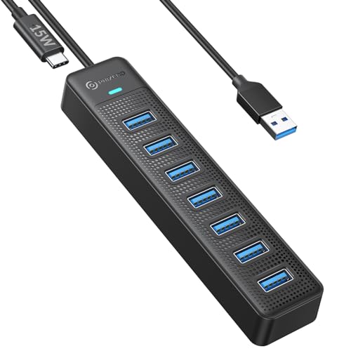 PHIXERO 7 Port USB Hub, USB 3.0 Hub USB Verteiler mit 15W USB C Power Port, Super Speed 5Gbps Datenhub, Kompatibel mit Allen USB Port Geräten (15CM Cable, 7 Port) von PHIXERO