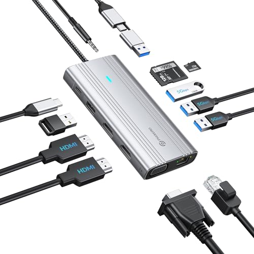 PHIXERO Displaylink Dock 12 in 1 USB C Docking Station Triple Monitor für Mac M1/M2, mit 2 HDMI & 1 VGA, 3 USB 3.0 & 1 USB 2.0, 15W Aufladung, SD/TF Kartenleser, Ethernet, Audio von PHIXERO