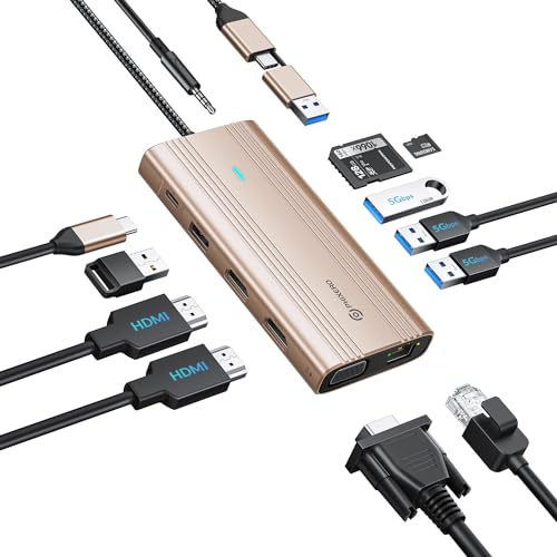 PHIXERO Displaylink Dock 12 in 1 USB C Docking Station Triple Monitor für Mac M1/M2, mit 2 HDMI & 1 VGA, 3 USB 3.0 & 1 USB 2.0, 15W Aufladung, SD/TF Kartenleser, Ethernet, Audio von PHIXERO