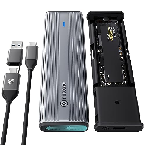 PHIXERO NVMe SATA Gehäuse, M.2 NVME Gehäuse Werkzeugfrei Aluminium SSD Gehäuse,10Gbps NVMe PCIe und 6Gbps AHCI SATA, Unterstützt M-Key/B+M Key, mit UASP Trim für 2230/2242/2260/2280 SSD von PHIXERO