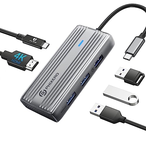PHIXERO USB C Hub Multiport Adapter, 4K USB C Hub HDMI, 5-in-1 USB C Dongle mit 4K HDMI, 60 W PD Aufladung, USB 3.0, 2 USB 2.0 Anschlüsse, für MacBook Pro/Air, iPad Pro, USB C Laptop von PHIXERO